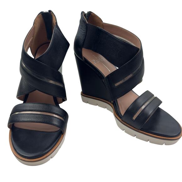 Linea Paolo Elana Black Leather Clear Strap Wedge Sandals Women's Size 6 - Picture 1 of 10